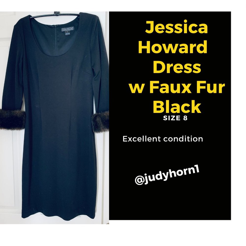 Jessica Howard Scoop Neck Long Sleeve Black Sheath Dress  w Faux Fur Black Cuffs